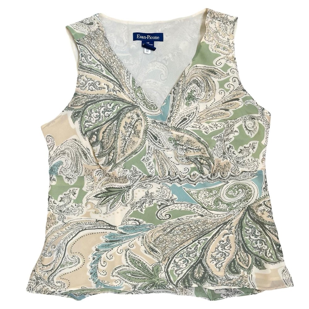 Vintage Evan-Picone Paisley Sleeveless Babydoll Blouse Womens 12 Green Y2K Boho